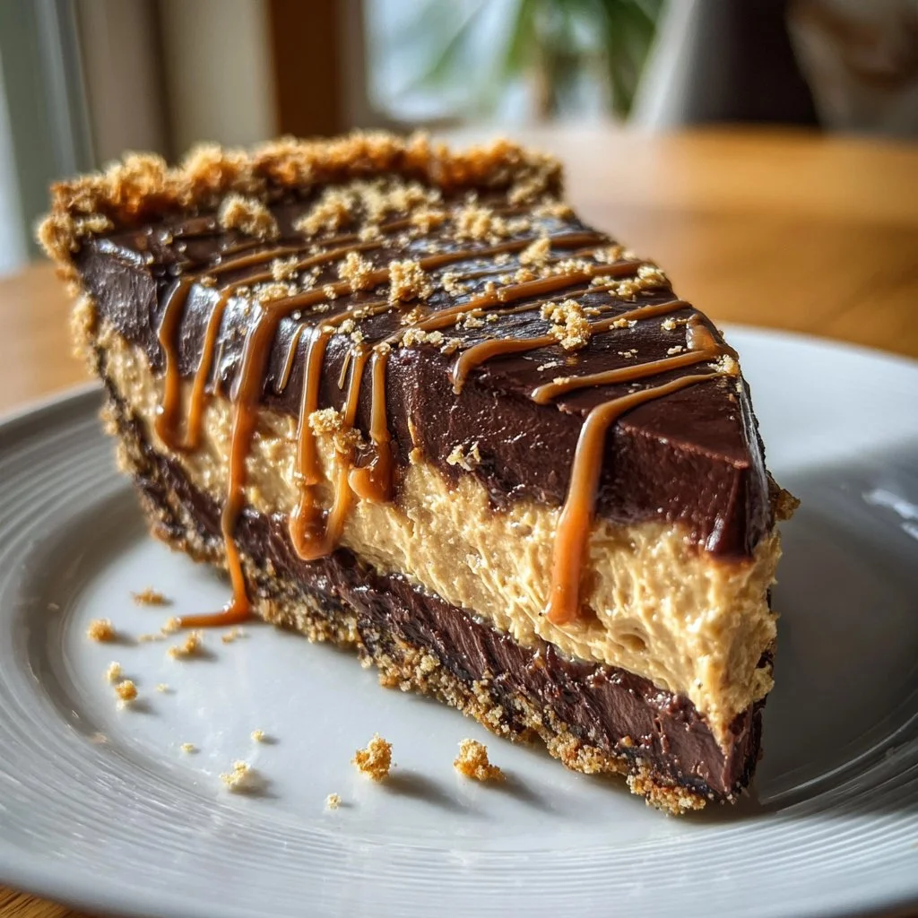 Delicious no-bake chocolate peanut butter pie topped with chocolate and peanut butter swirls.