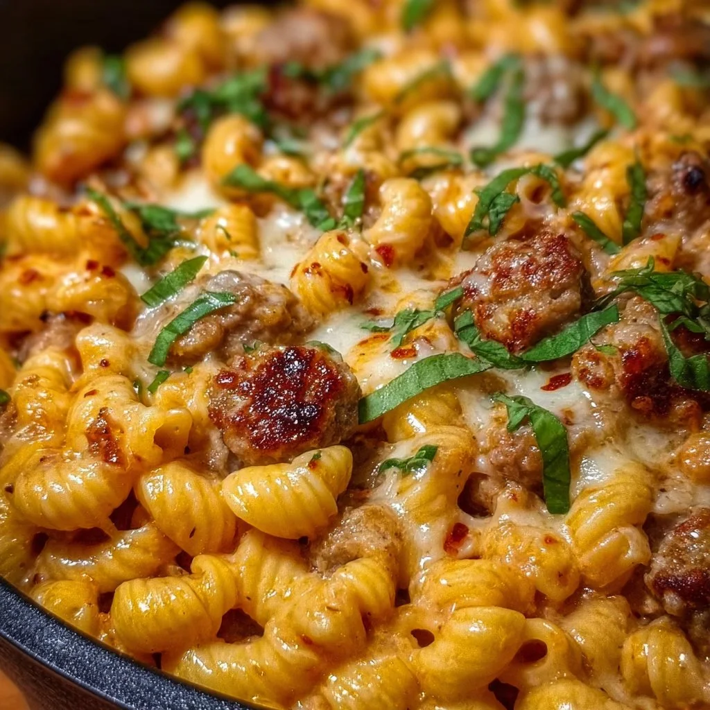 One Pot Cheesy Sausage Pasta cooked in a skillet with creamy sauce and sausage.