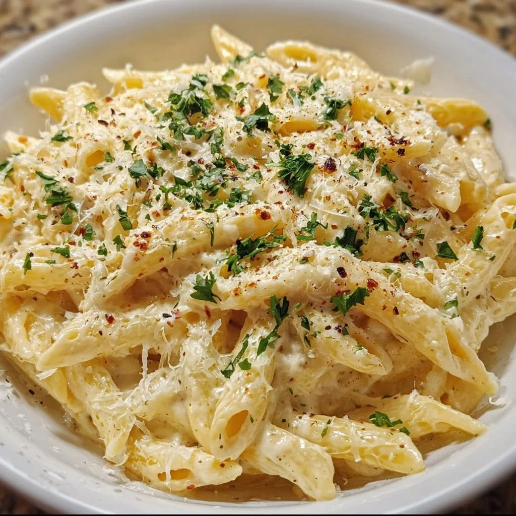 A delicious bowl of One Pot Creamy Garlic Pasta topped with parsley