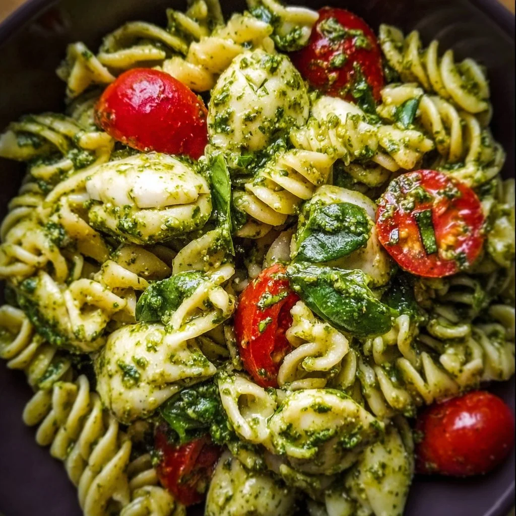 Colorful pesto pasta salad with fresh veggies and herbs in a bowl