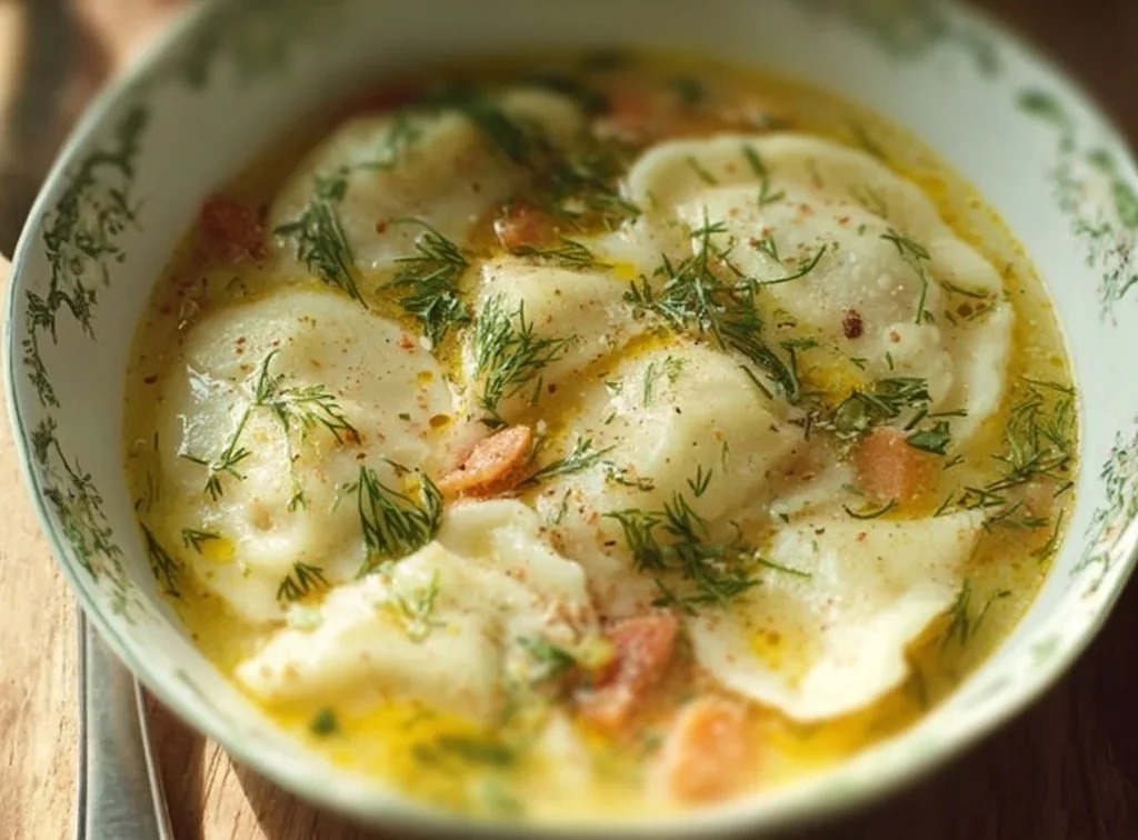 A bowl of creamy Pierogi Dill Soup garnished with fresh dill and potatoes.