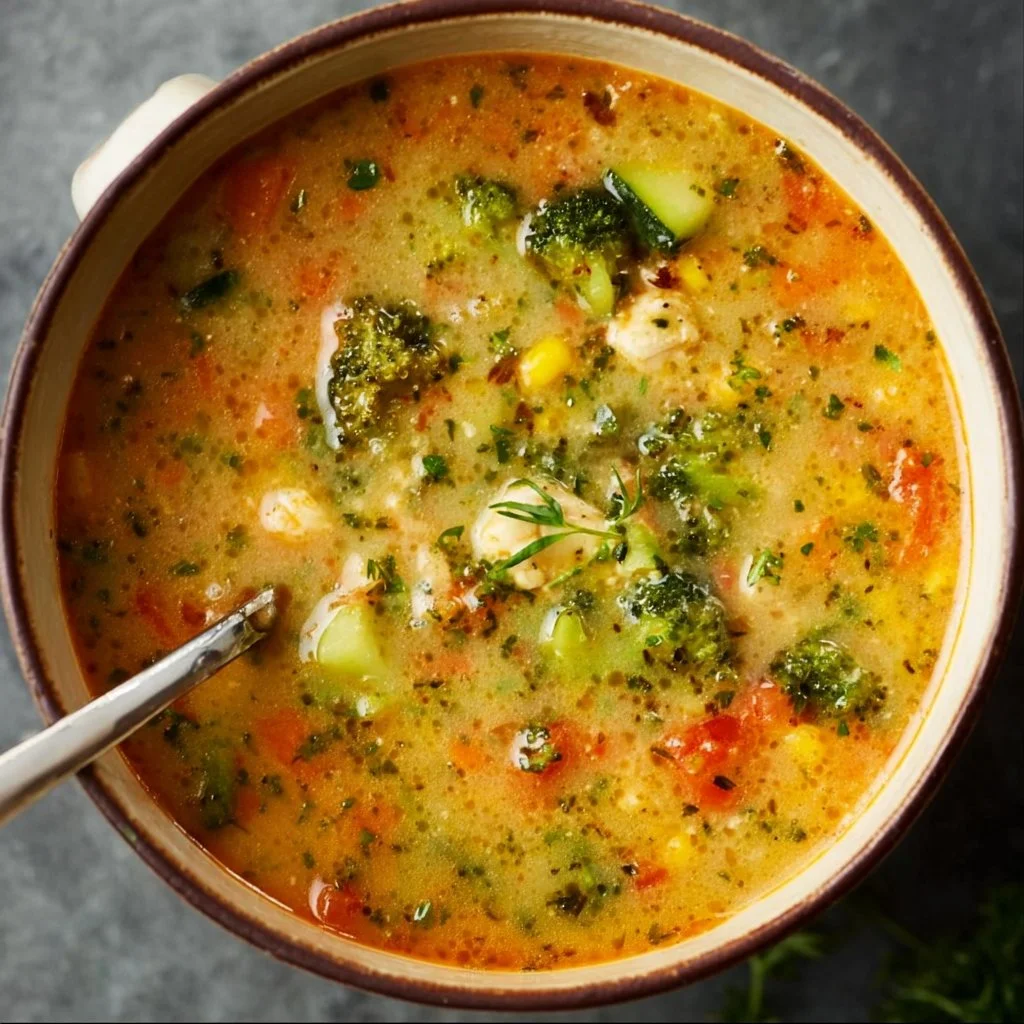 A bowl of healthy soup filled with vegetables and herbs for a nutritious meal