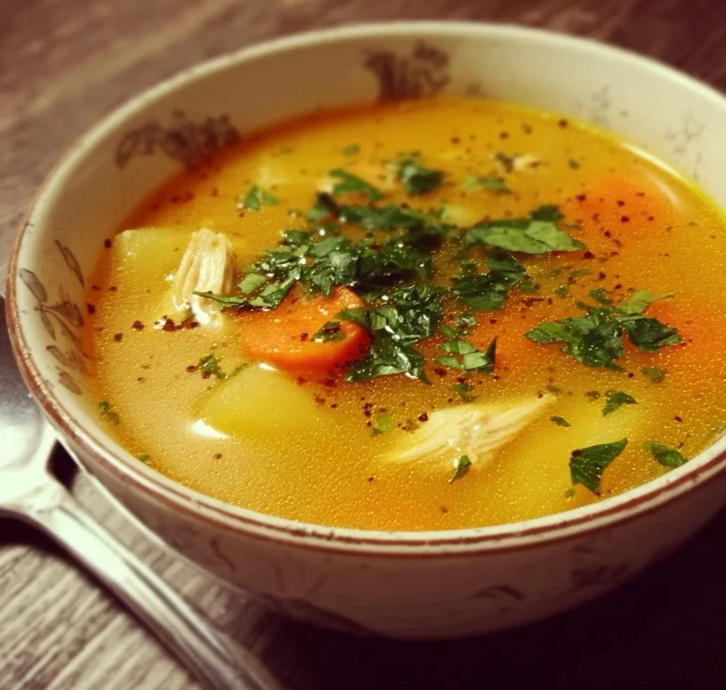 A bowl of homemade soup with fresh ingredients and herbs