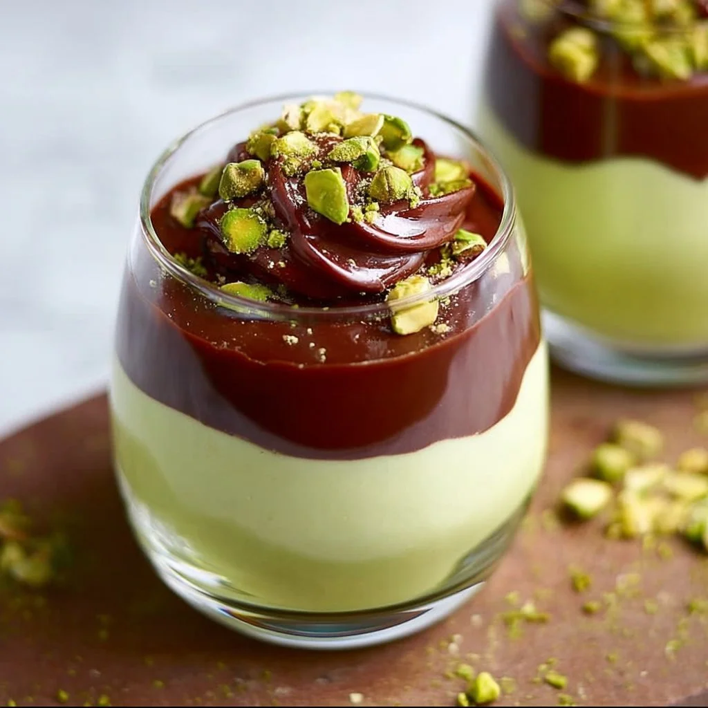 Pistachio mousse dessert topped with chocolate ganache in a glass dish.