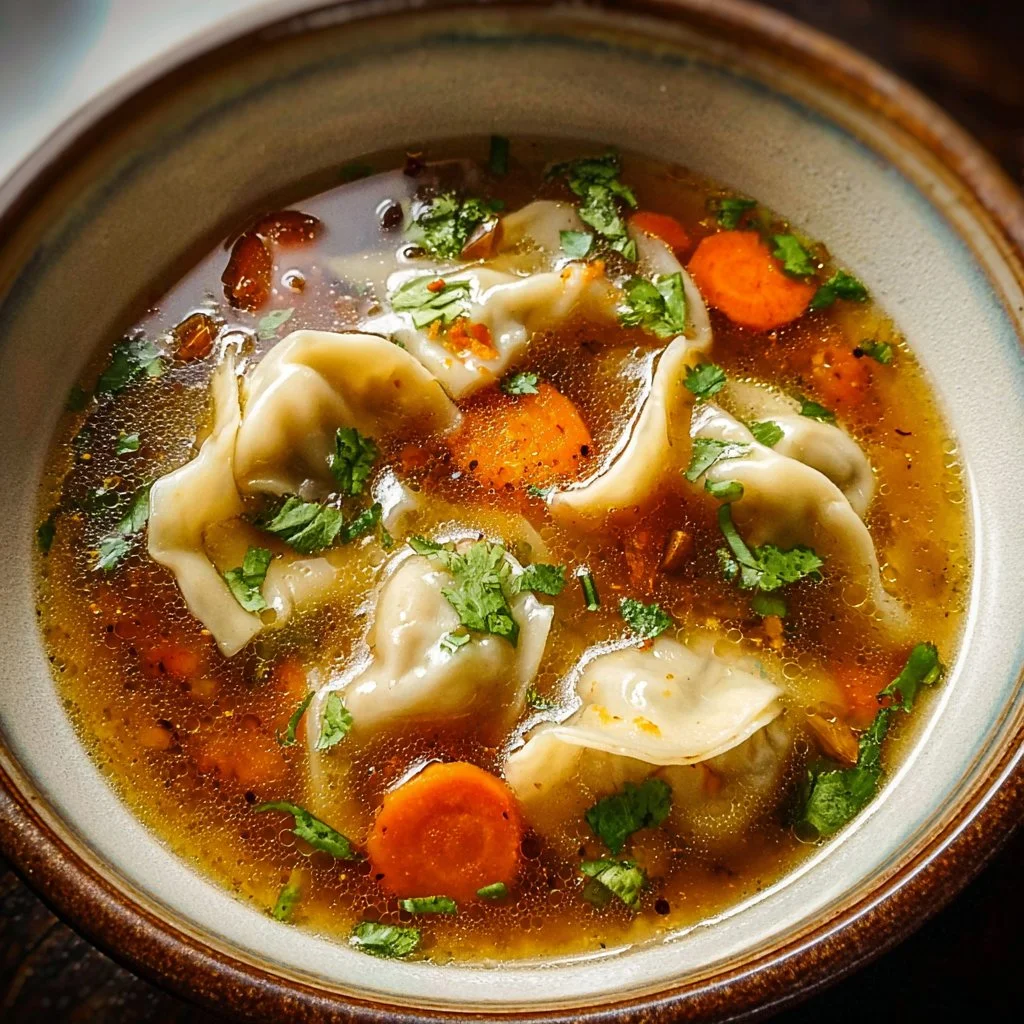 Bowl of Potsticker Soup garnished with green onions and dumplings