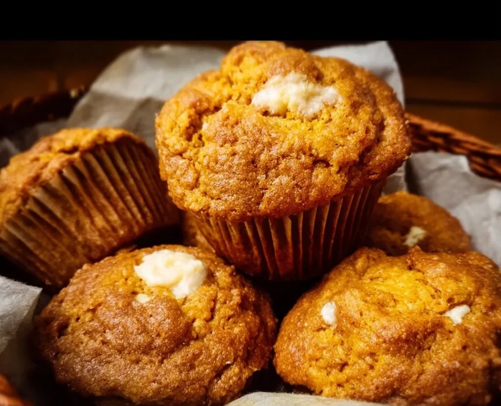 Delicious Pumpkin Cream Cheese Muffins on a rustic wooden table