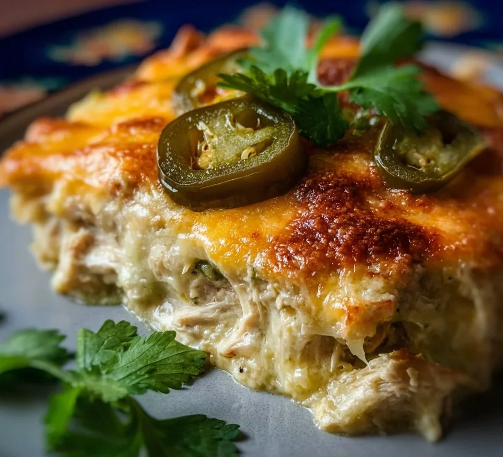 Quick and easy green chile chicken enchilada casserole served in a baking dish.