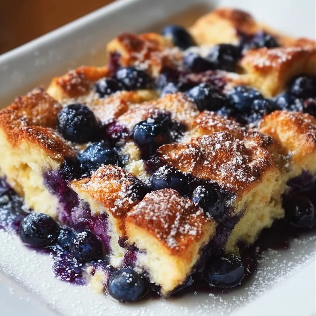 Delicious blueberry French toast casserole baked to perfection
