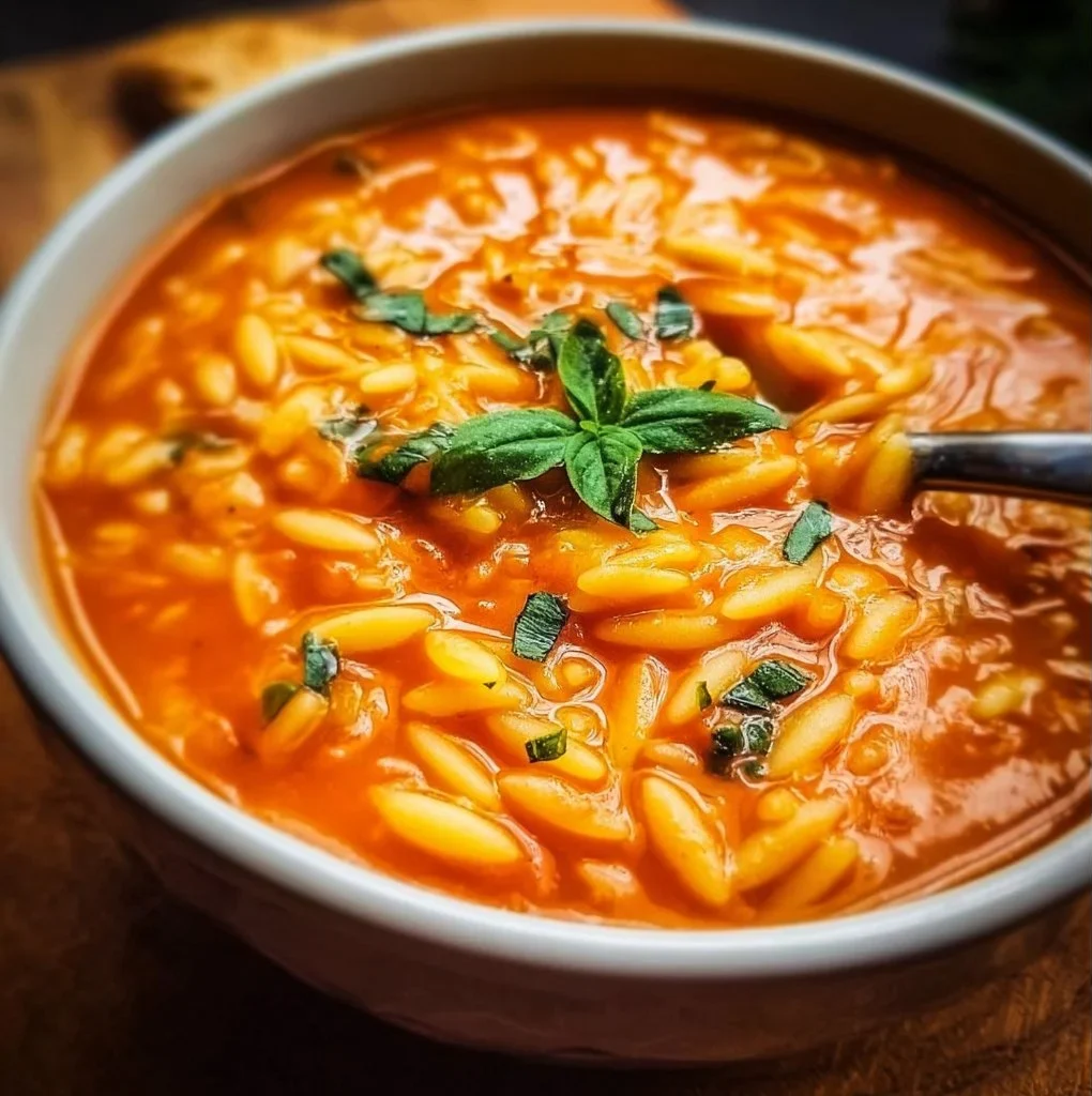 Quick tomato orzo soup in a bowl garnished with fresh herbs