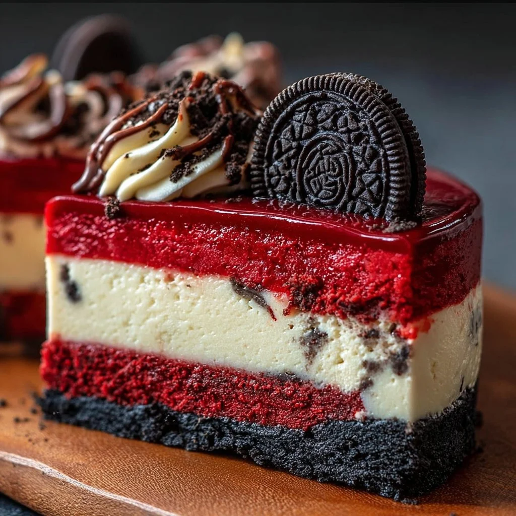 Delicious Red Velvet Oreo Cheesecake topped with Oreo crumbs and cream cheese frosting
