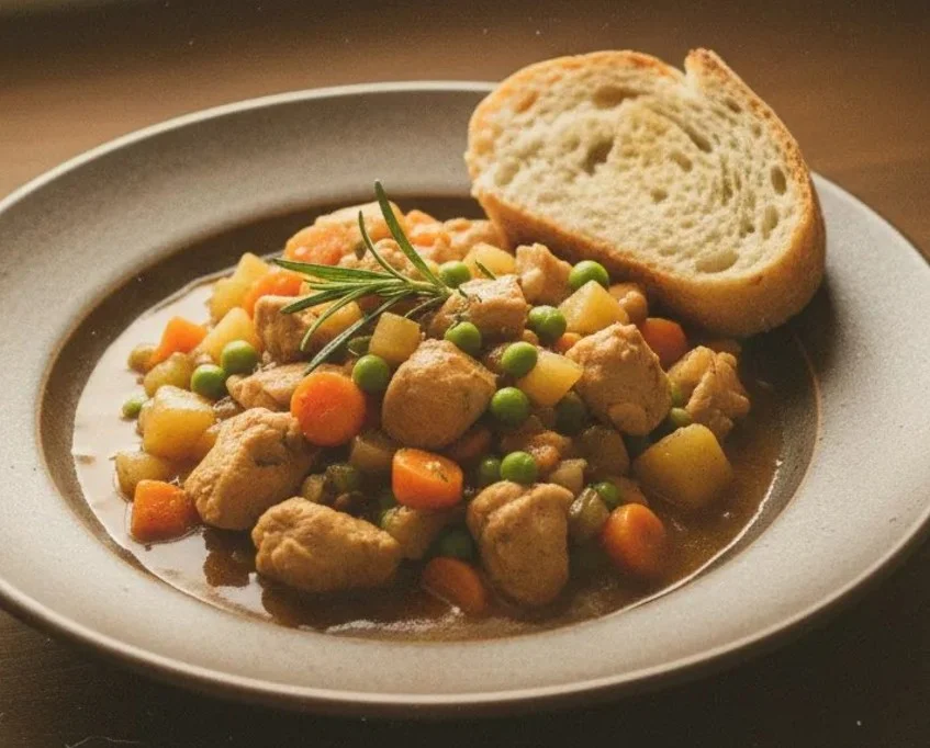Delicious slow cooker chicken stew in a bowl garnished with herbs