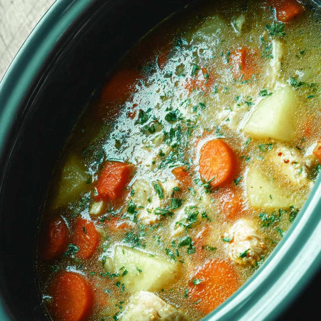 Hearty slow cooker chicken stew with vegetables and spices in a bowl