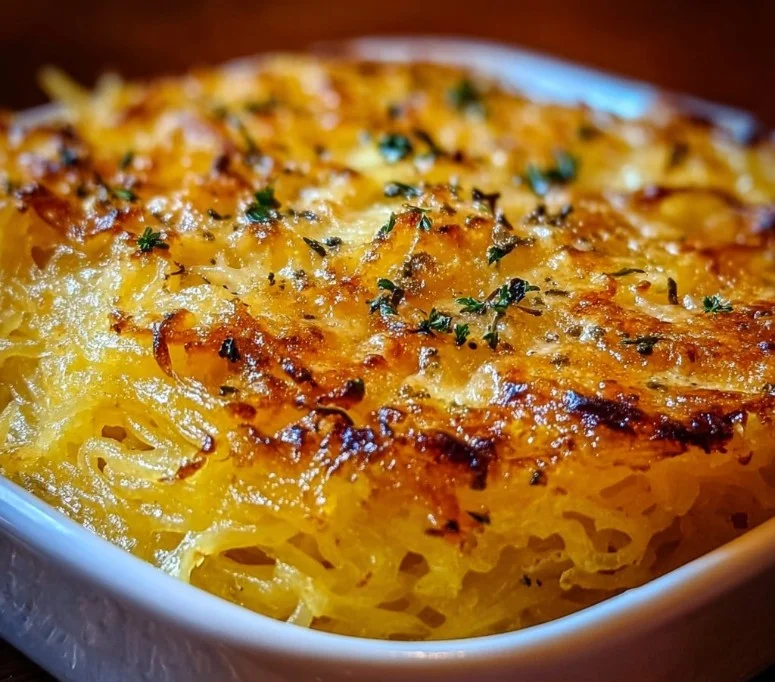 Baked spaghetti squash au gratin topped with cheese and herbs in a dish.
