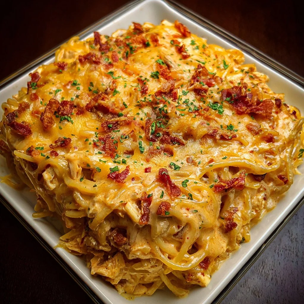 Delicious Spicy Southern Cheesy Chicken Spaghetti Casserole topped with cheese