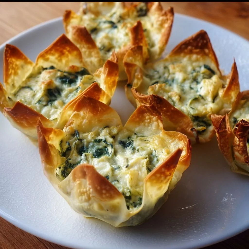 Crispy wonton cups filled with creamy spinach-artichoke dip