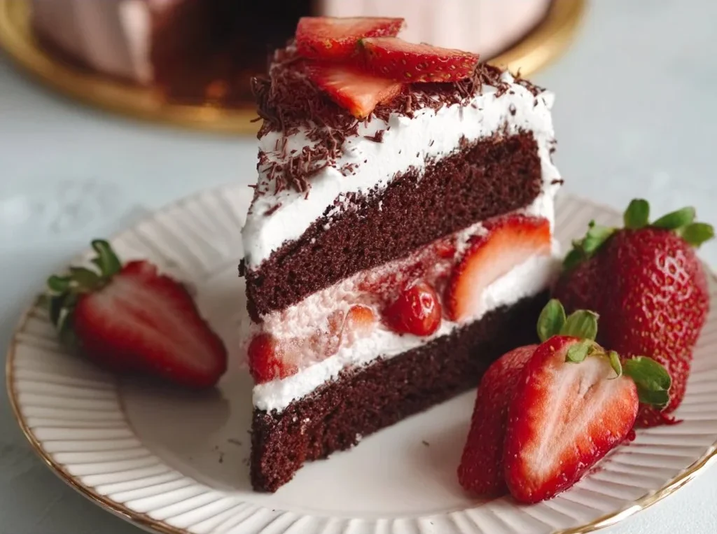 Delicious Strawberry Chocolate Cake with fresh strawberries and chocolate icing