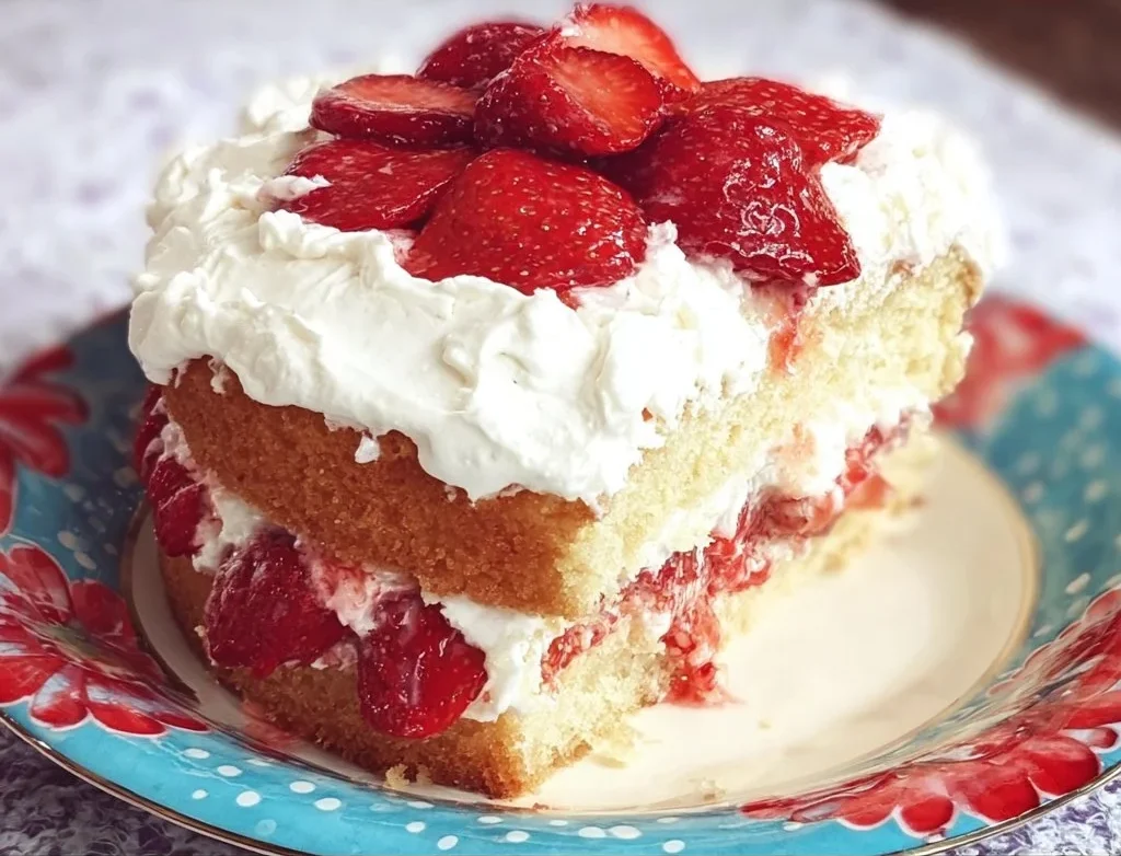 Delicious Strawberry Cream Cake topped with fresh strawberries and creamy frosting.
