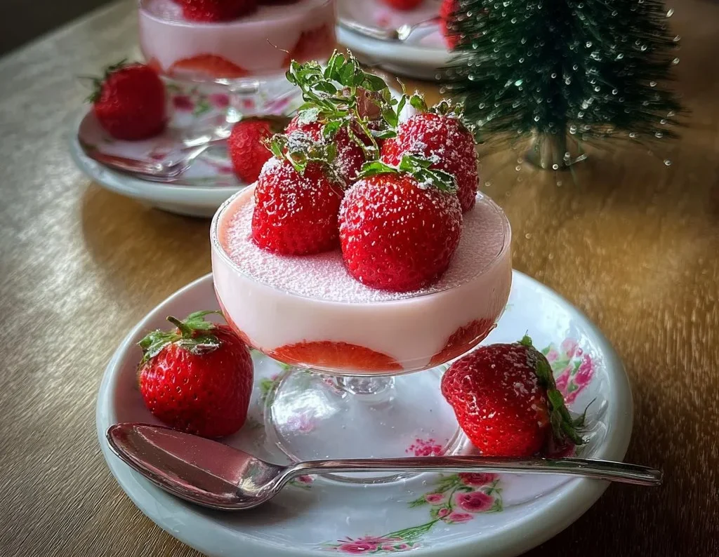 Delicious strawberry posset dessert in a glass topped with fresh strawberries