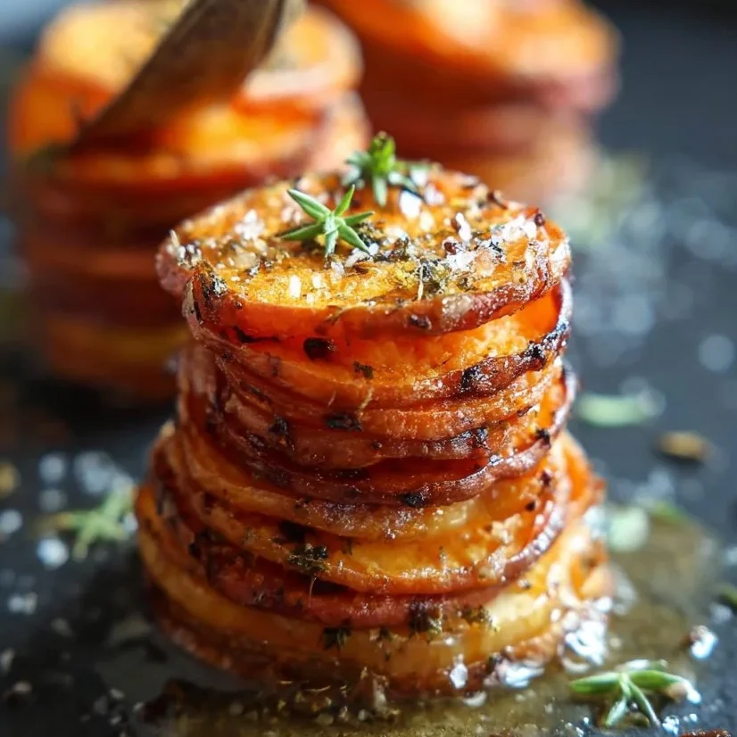 Stack of beautifully arranged sweet potato slices, topped with herbs and spices.