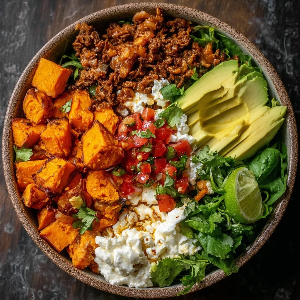 Vibrant sweet potato taco bowl topped with fresh ingredients and spices.