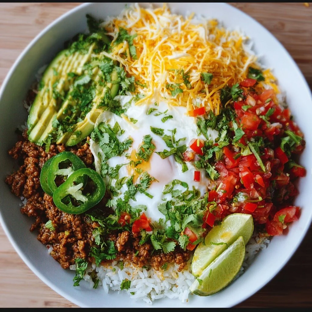Delicious Taco Rice Bowl with seasoned beef, fresh vegetables, and toppings