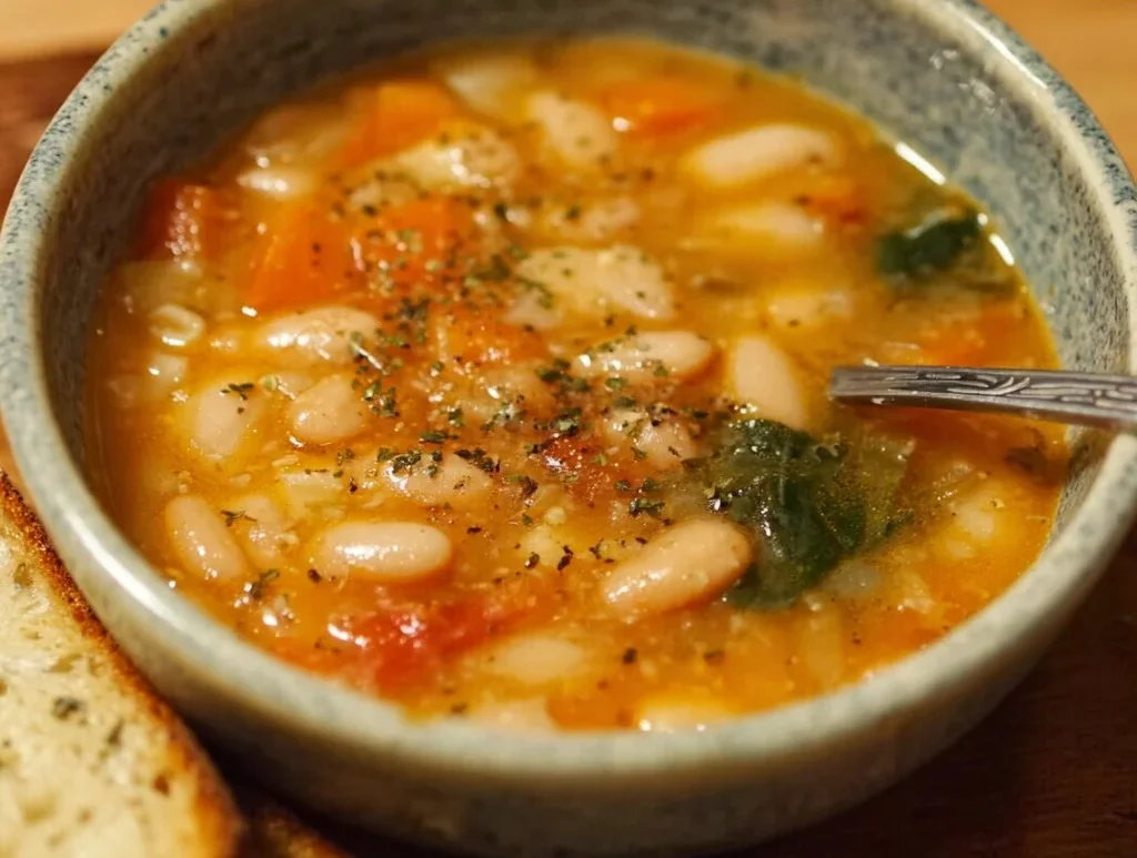Bowl of the best white bean soup garnished with herbs and served with bread