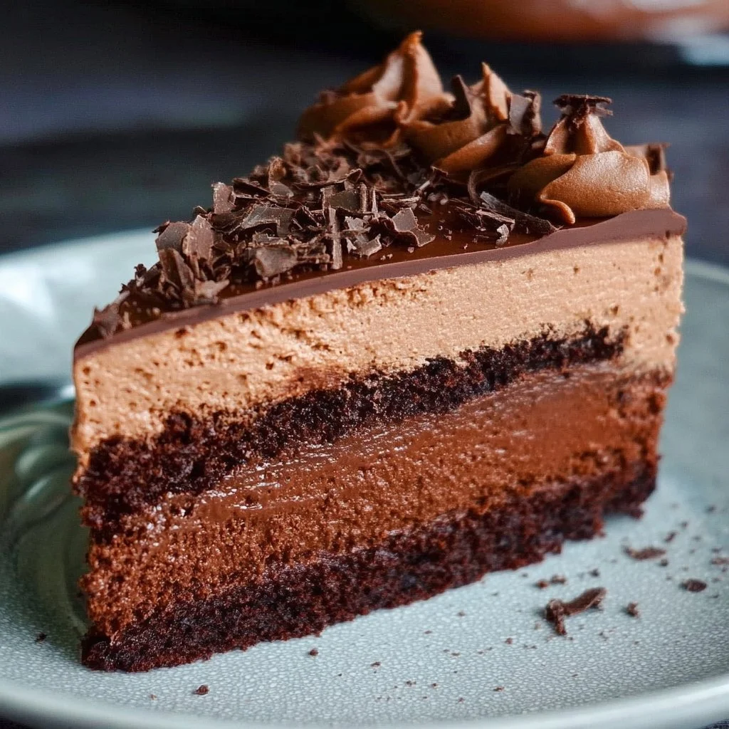 Triple-Layer Chocolate Mousse Cake with rich chocolate layers and creamy mousse