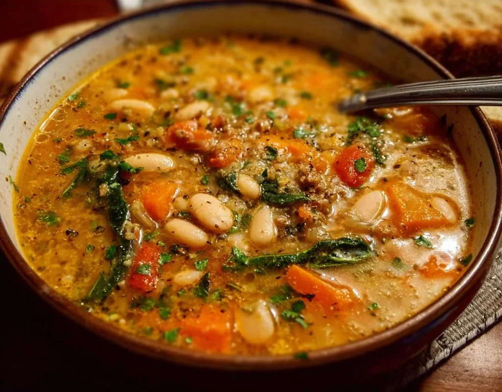 Delicious bowl of Tuscan White Bean Soup garnished with herbs