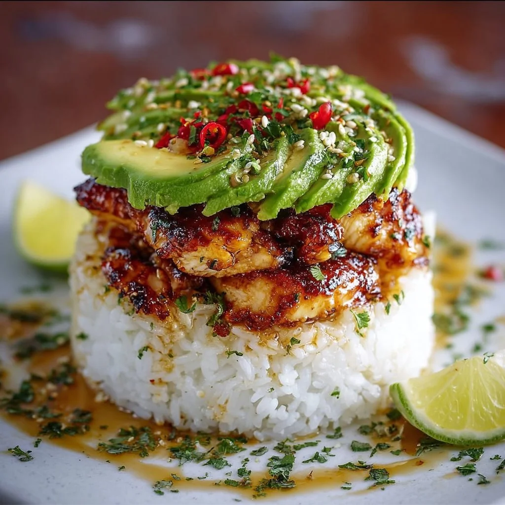 Plate of honey lime chicken served with avocado rice stack