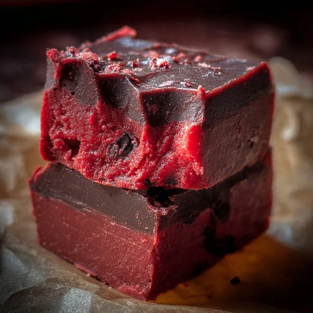 Gooey Vampire Fudge dessert with spooky Halloween decorations.