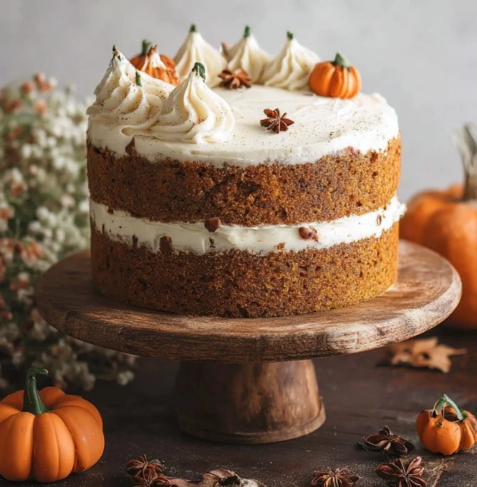 Delicious Vegan Pumpkin Spice Cake topped with autumn spices and cream