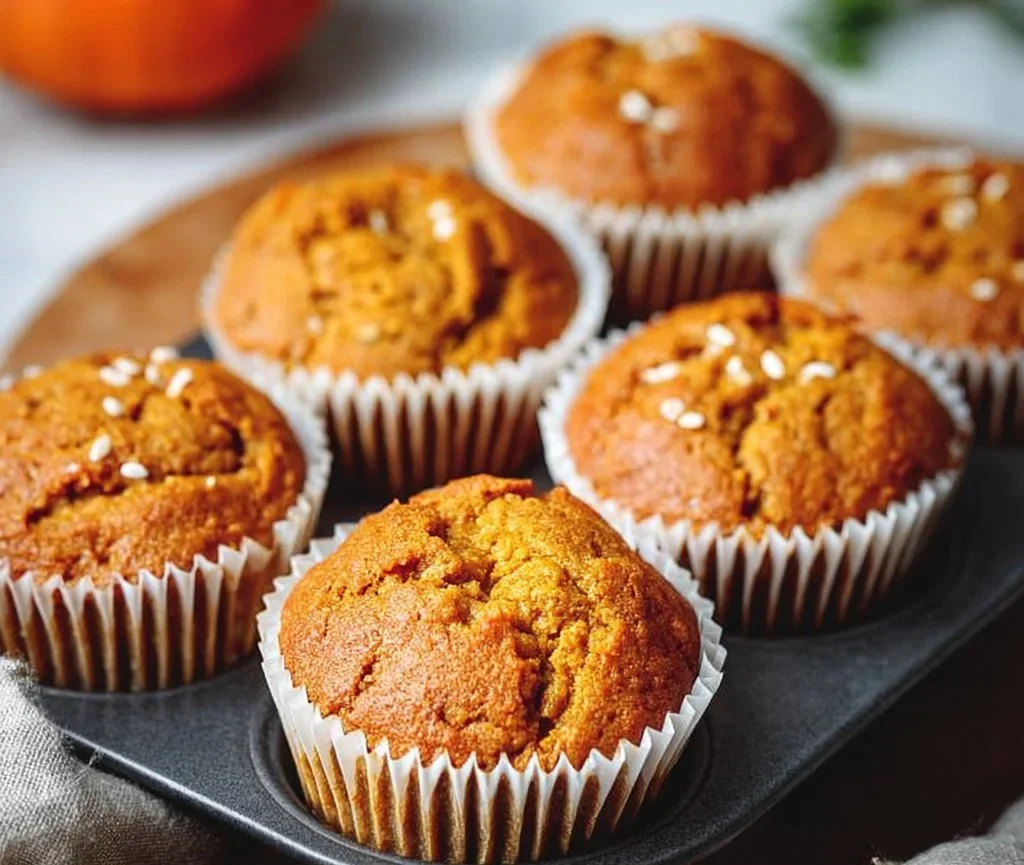 Wholesome pumpkin protein muffins topped with nuts and spices.