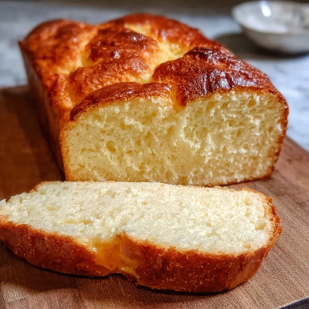 Freshly baked zero carb yogurt bread on a wooden table.