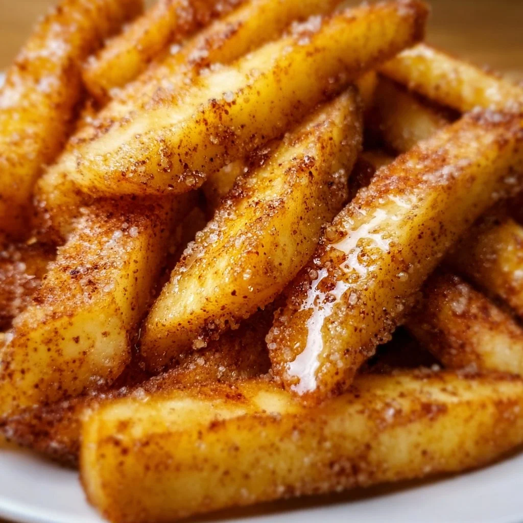 Crispy air fryer apple fries served with a dipping sauce