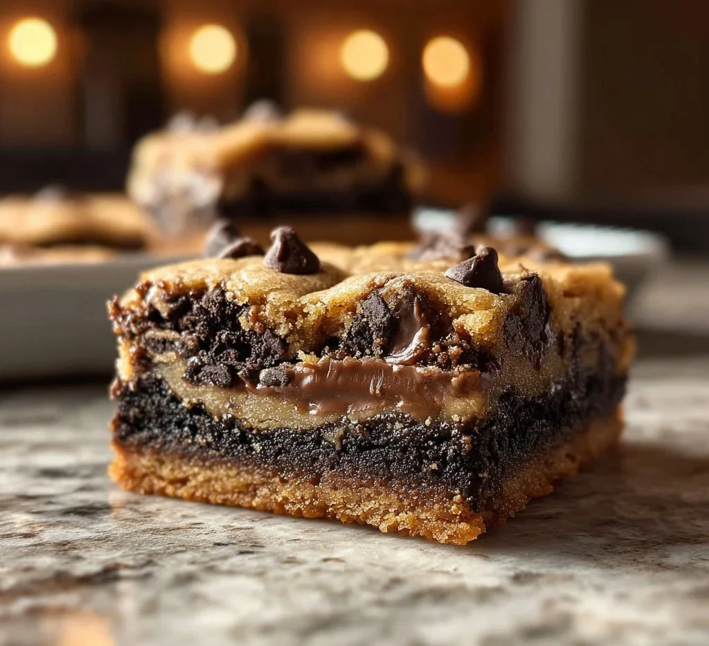 Delicious three-layer slutty brownies with cookie dough, chocolate, and brownies