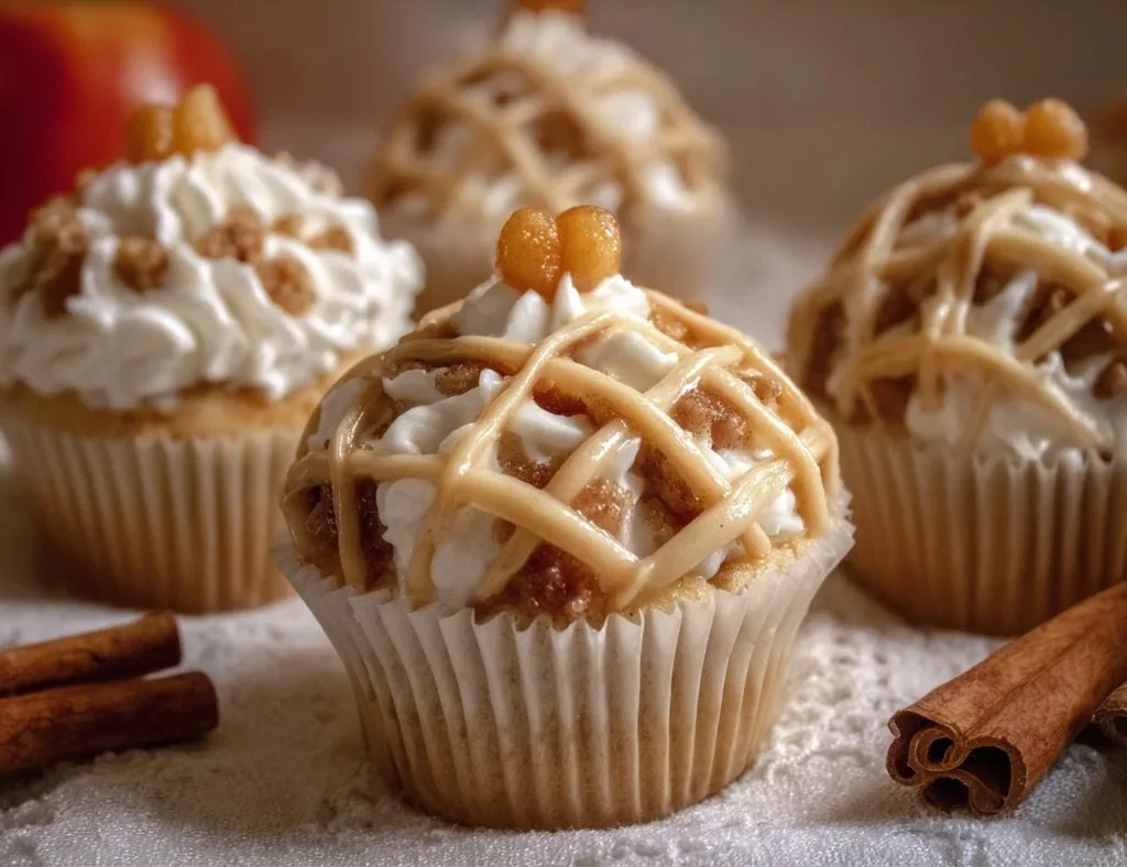 Delicious apple pie cupcakes topped with cinnamon and apple filling