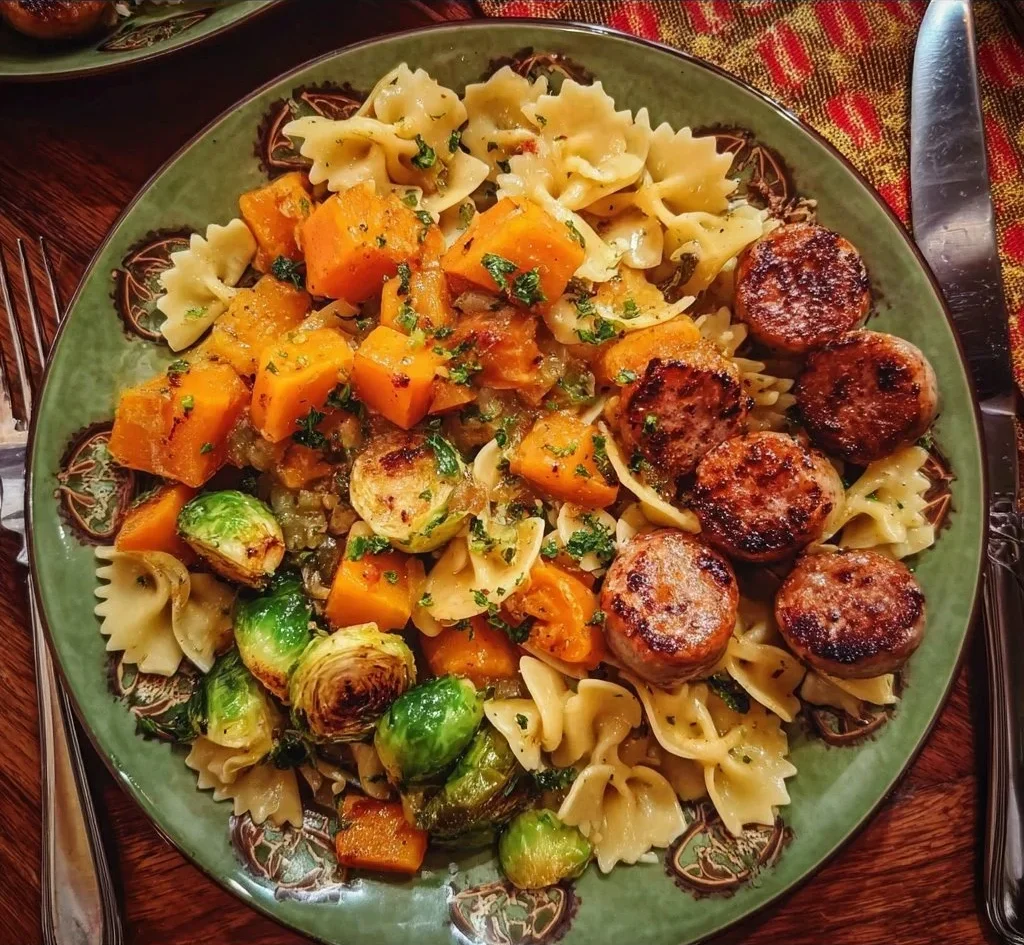 Autumn dinner plate with sausage, pasta, Brussels sprouts, and butternut squash.