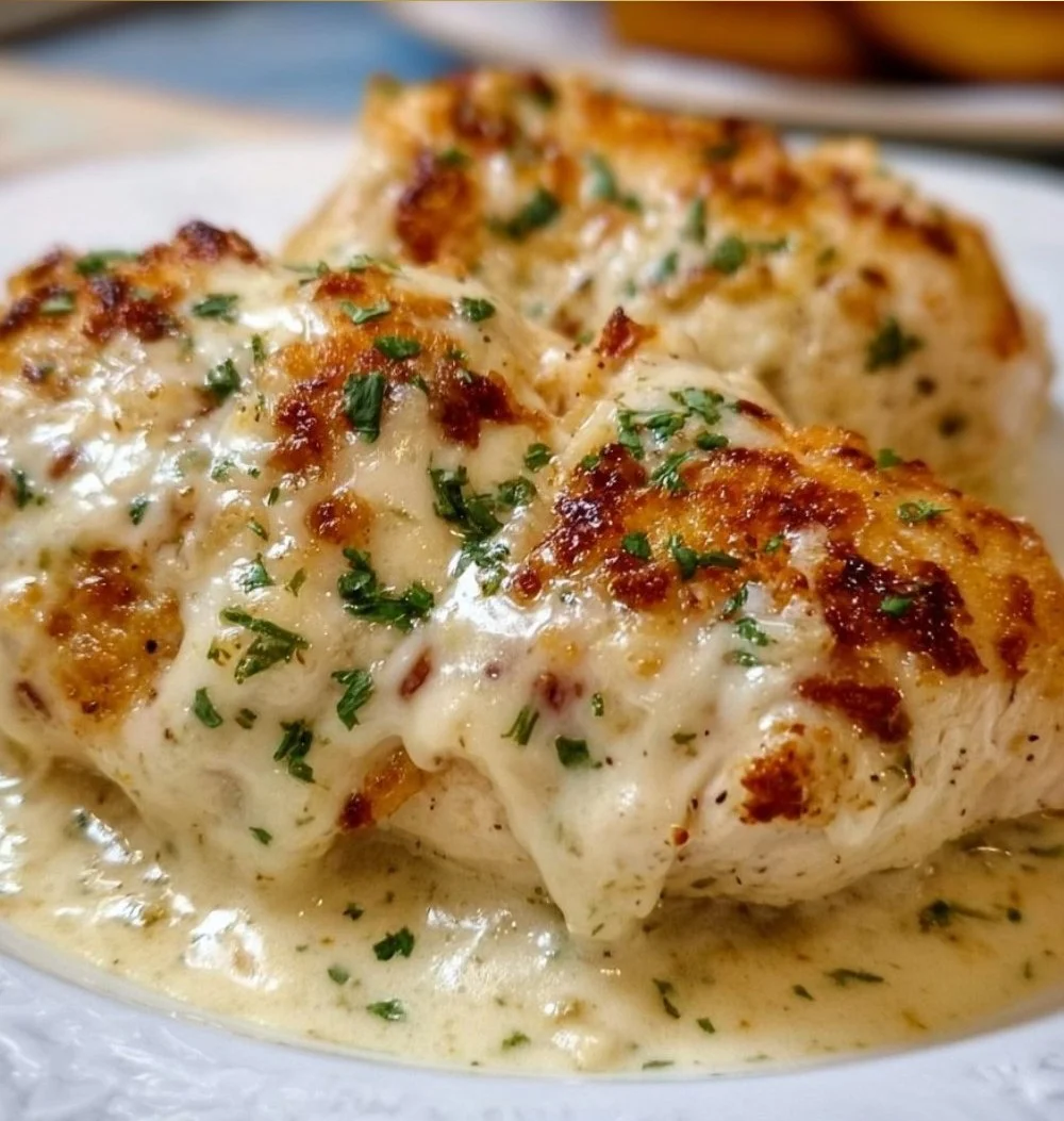 Baked cream cheese chicken in a creamy sauce with herbs and spices.