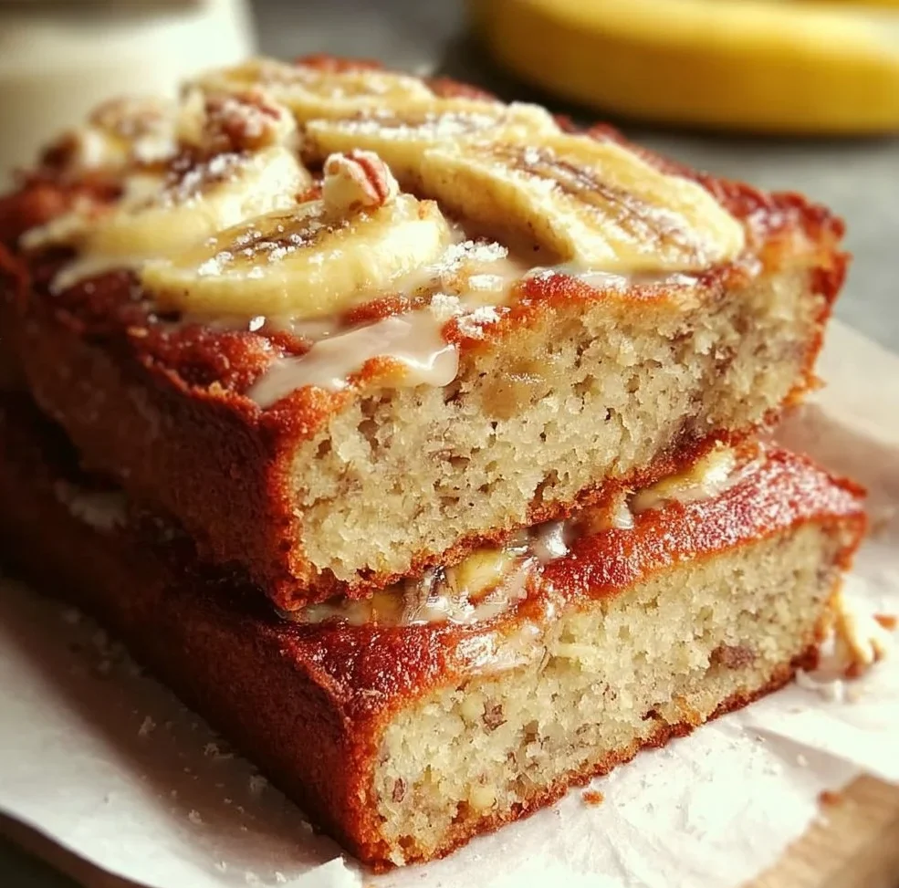 Delicious homemade banana cake with frosting and sliced bananas on top.