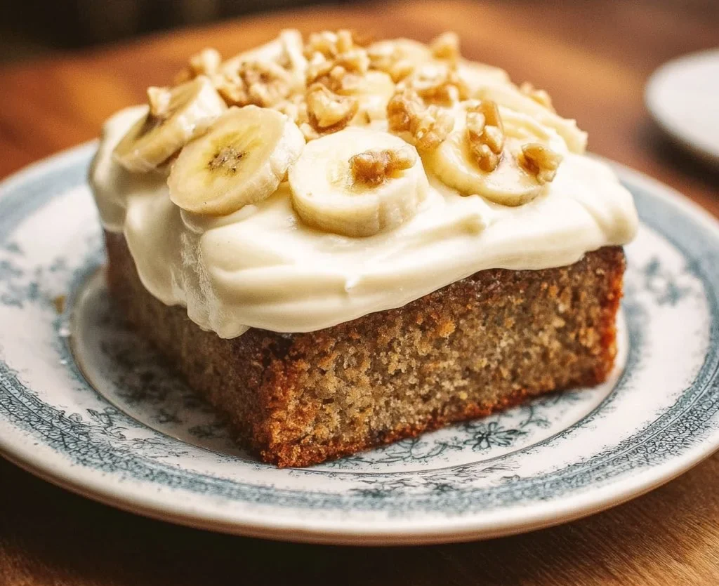 Delicious Banana Cake with Cream Cheese Frosting on a decorative plate