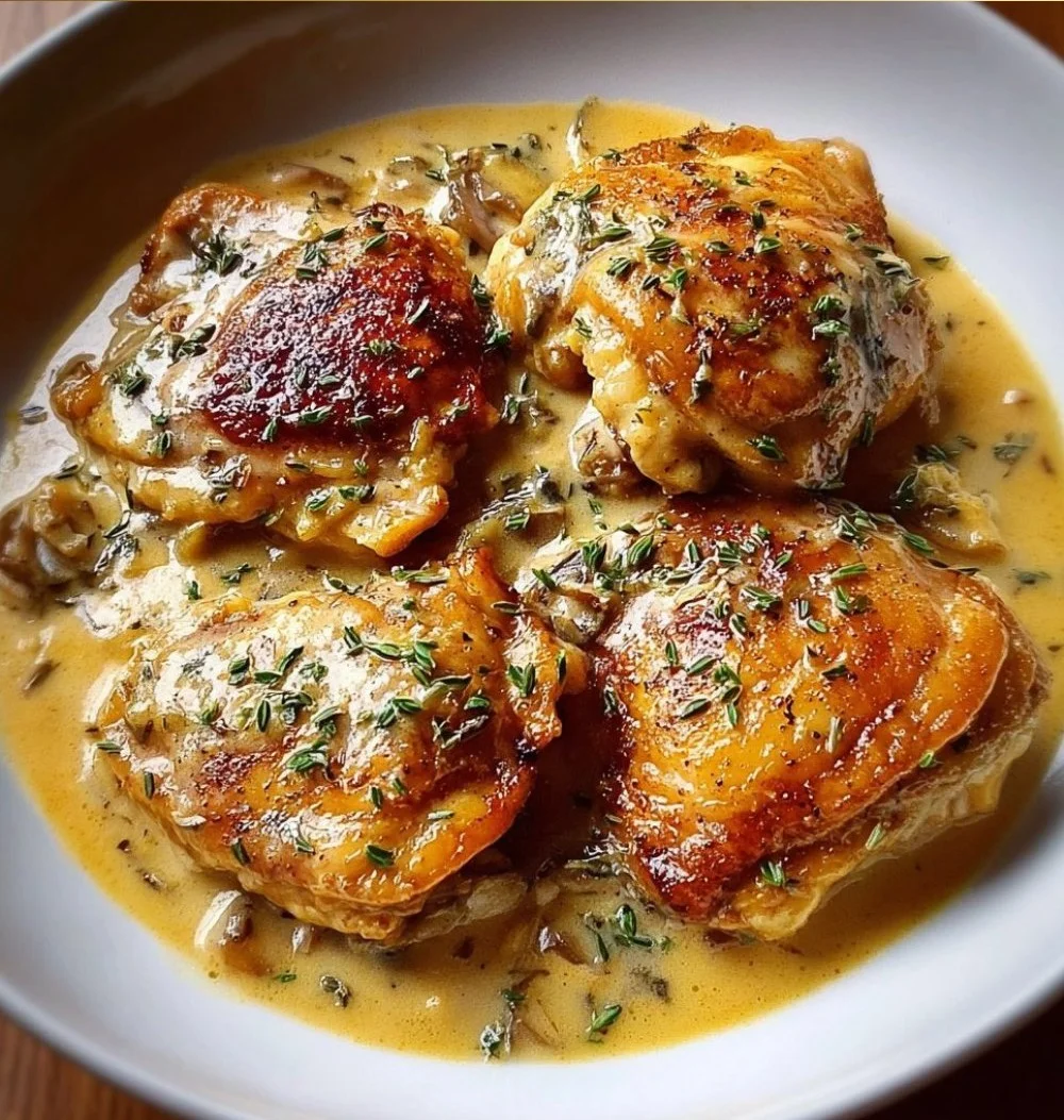 Bobby Flay's creamy chicken thighs served with a side of vegetables