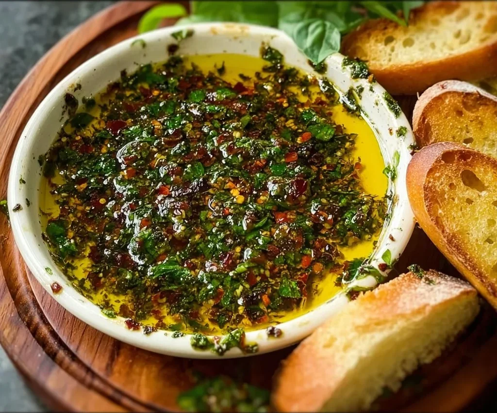 Homemade bread dipping oil with herbs on a wooden table