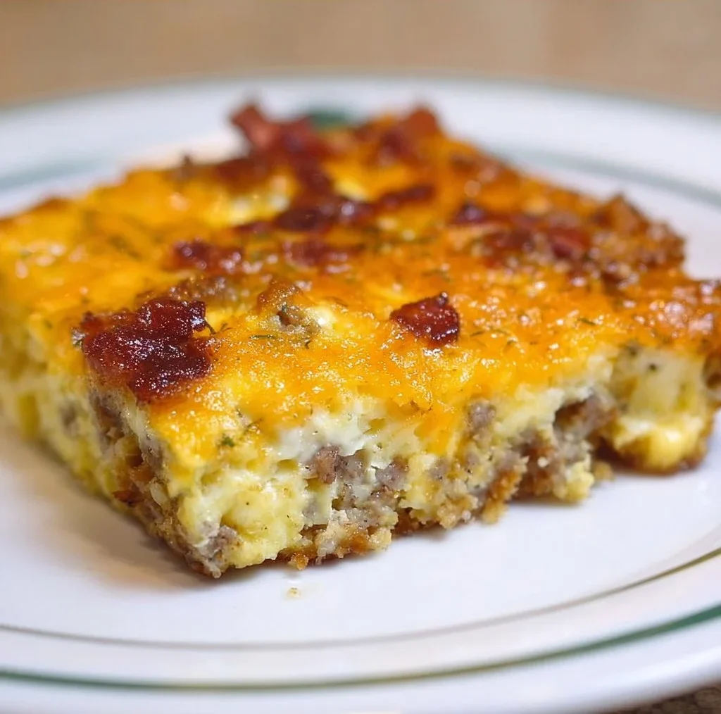 Delicious homemade breakfast casserole with eggs, cheese, and chopped vegetables