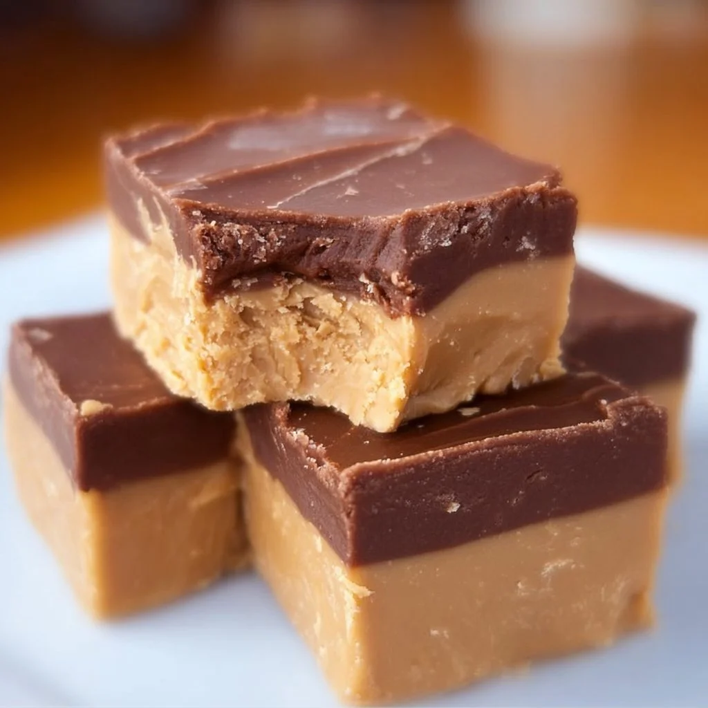 Delicious homemade Buckeye Fudge topped with chocolate and peanut butter