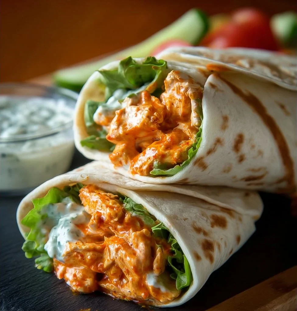 Delicious Buffalo Chicken Wraps ready to serve on a plate