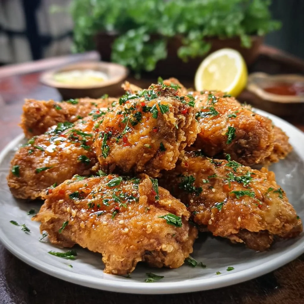 Delicious buttery garlic fried chicken served with herbs and spices