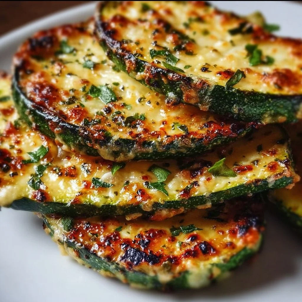 Cheesy Garlic Zucchini Steaks served on a plate with herbs and cheese