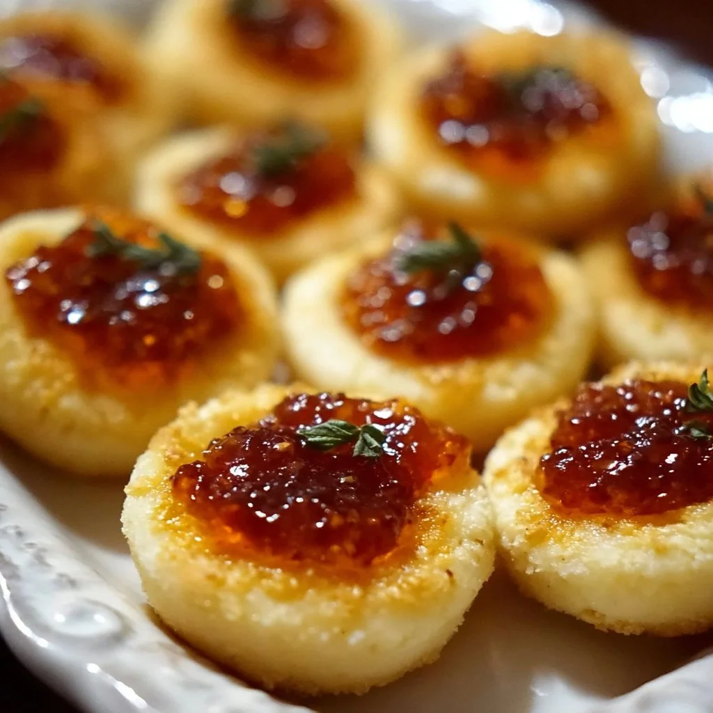Cheesy thumbprint appetizers topped with hot pepper jelly on a serving platter