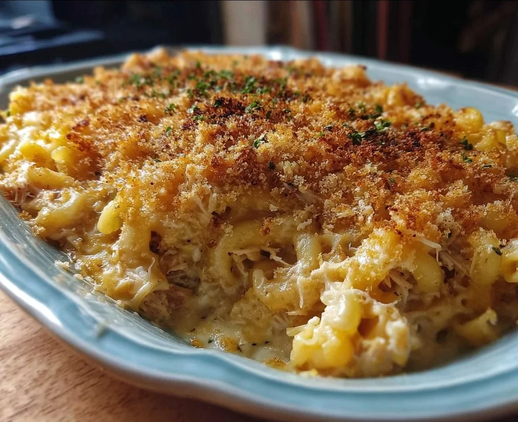 Cheesy Tuna Noodle Casserole with ingredients and a serving spoon