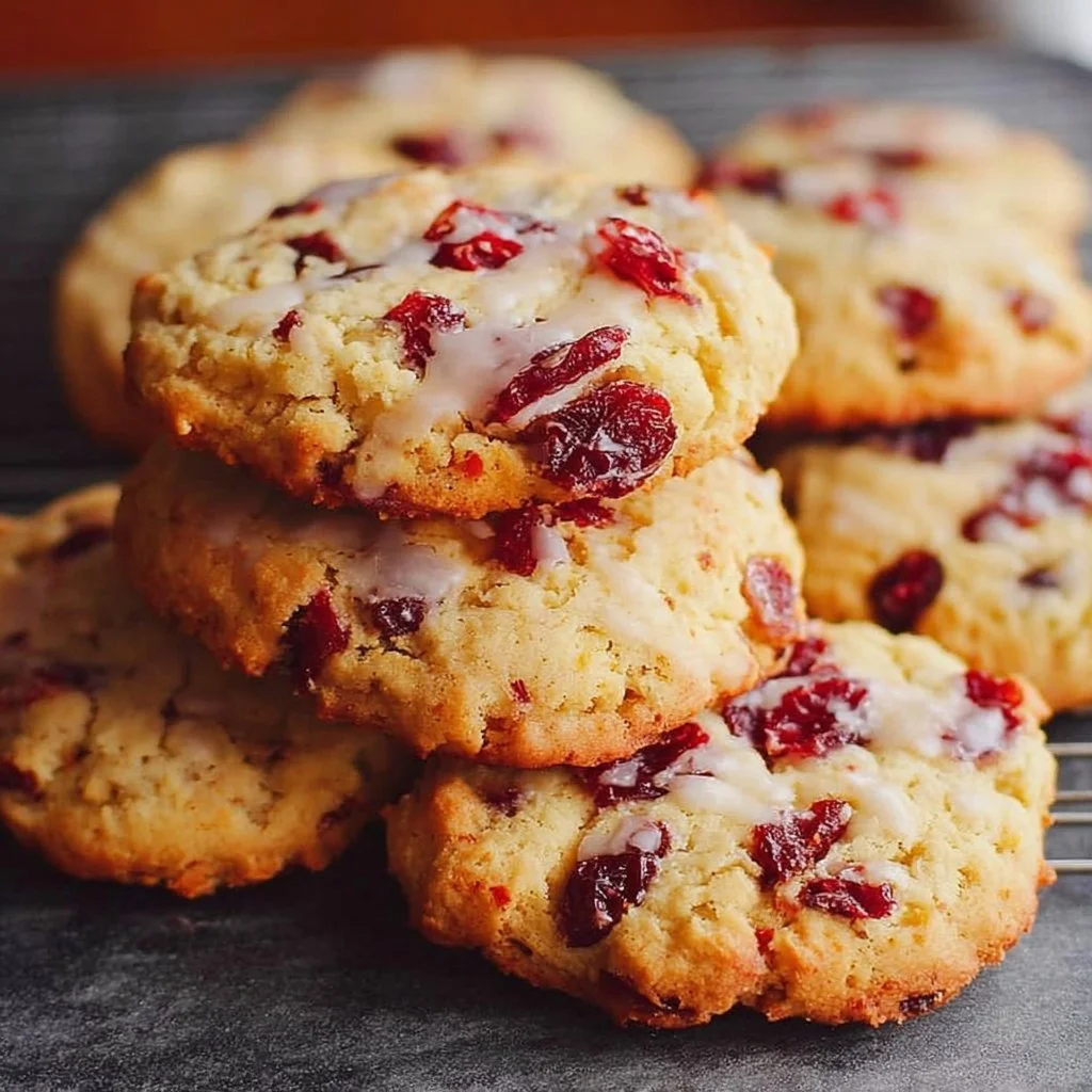 Chewy Christmas cranberry orange cookies topped with a sprinkle of sugar